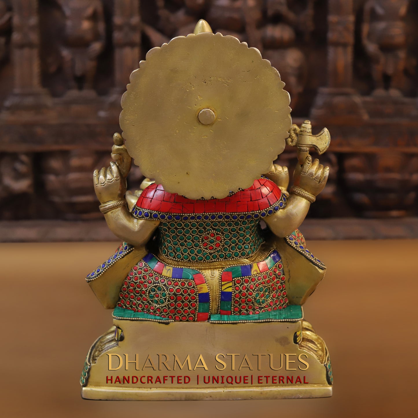 Brass Ganesh seated with Rat, Golden & Stonework, 12.5"