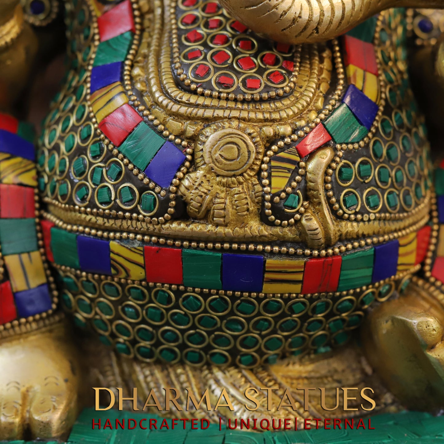 Brass Ganesh seated with Rat, Golden & Stonework, 12.5"