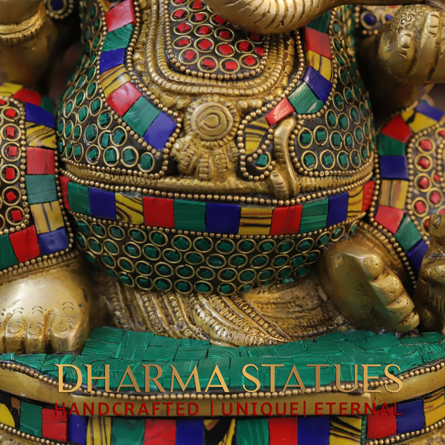 Brass Ganesh seated with Rat, Golden & Stonework, 12.5"