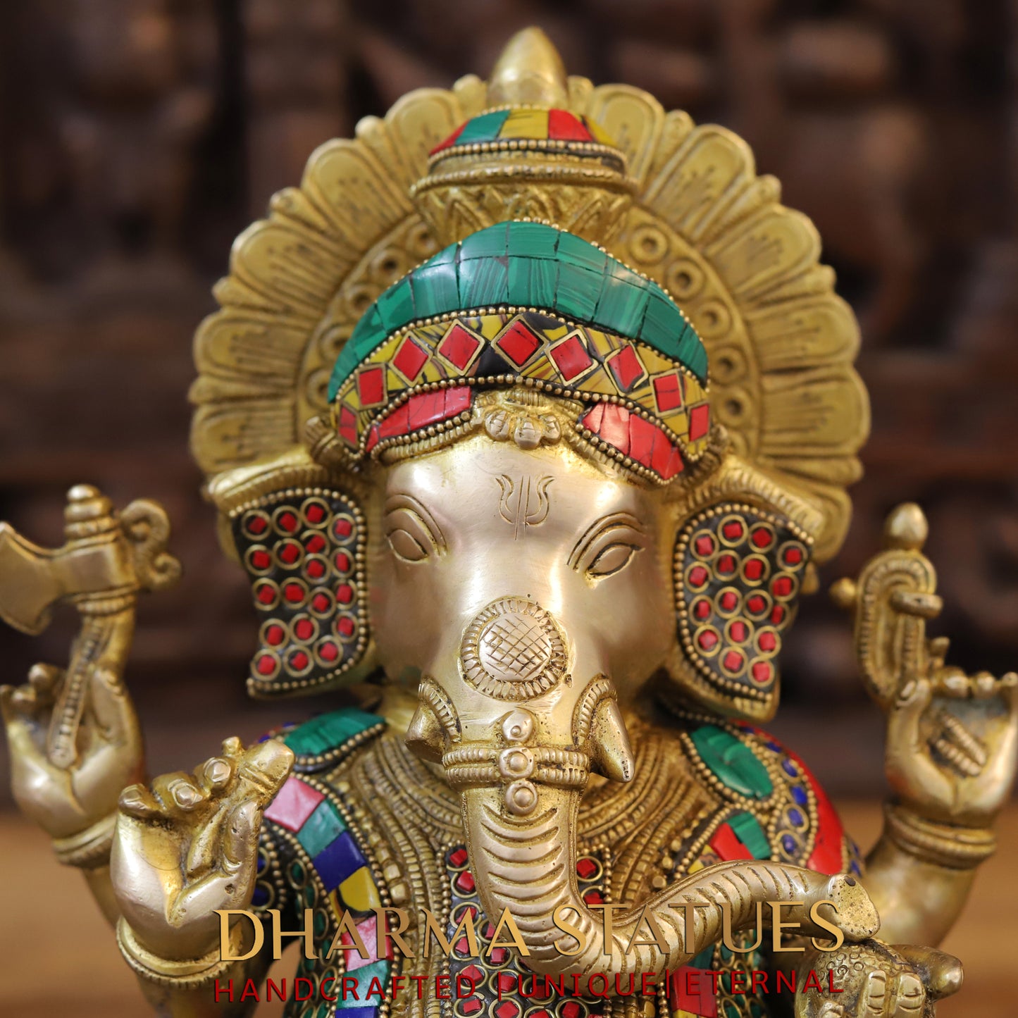 Brass Ganesh seated with Rat, Golden & Stonework, 12.5"