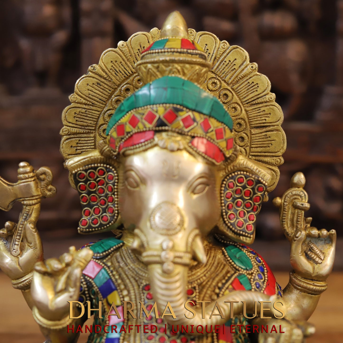 Brass Ganesh seated with Rat, Golden & Stonework, 12.5"