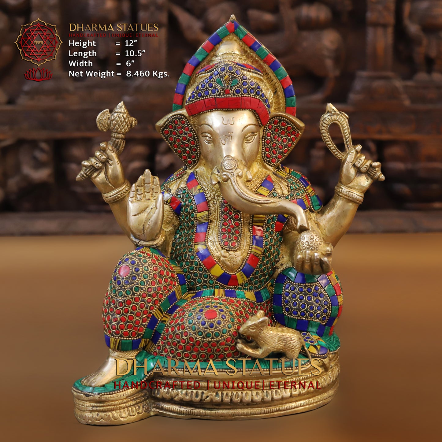 Brass Ganesh seated on Base, Blessing Position, Golden & Stonework, 12"