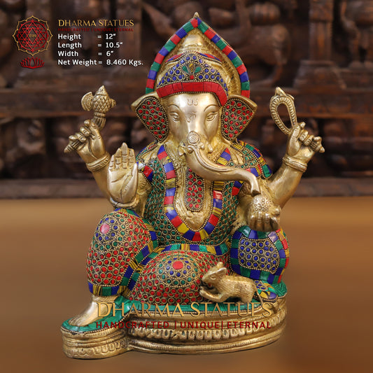 Brass Ganesh seated on Base, Blessing Position, Golden & Stonework, 12"
