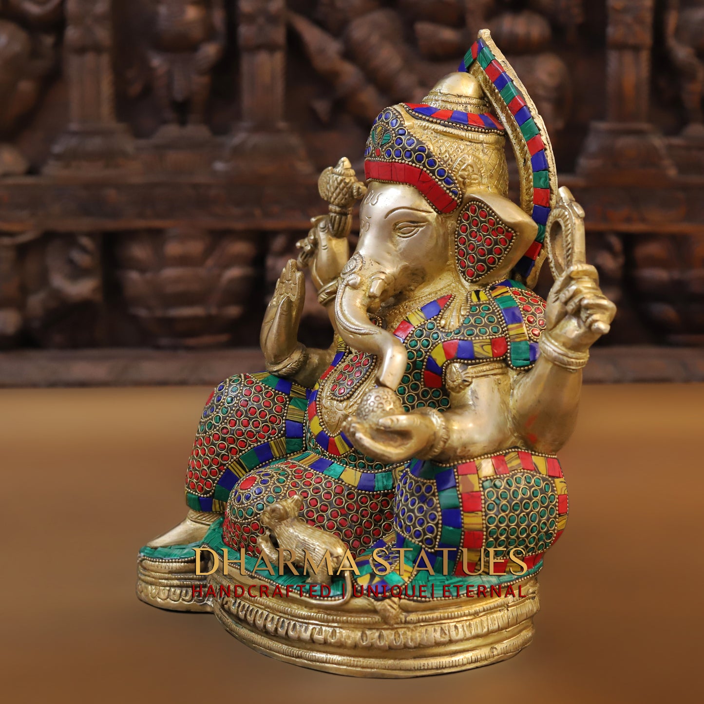 Brass Ganesh seated on Base, Blessing Position, Golden & Stonework, 12"