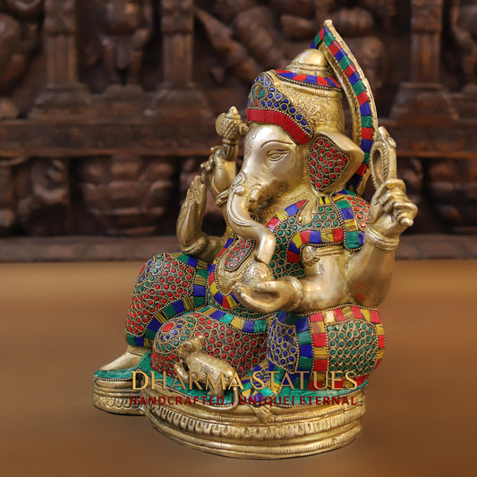 Brass Ganesh seated on Base, Blessing Position, Golden & Stonework, 12"