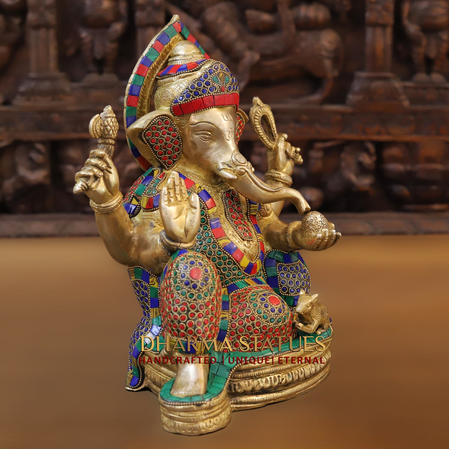 Brass Ganesh seated on Base, Blessing Position, Golden & Stonework, 12"