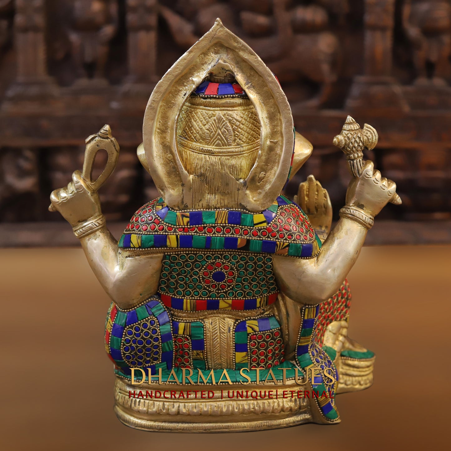 Brass Ganesh seated on Base, Blessing Position, Golden & Stonework, 12"