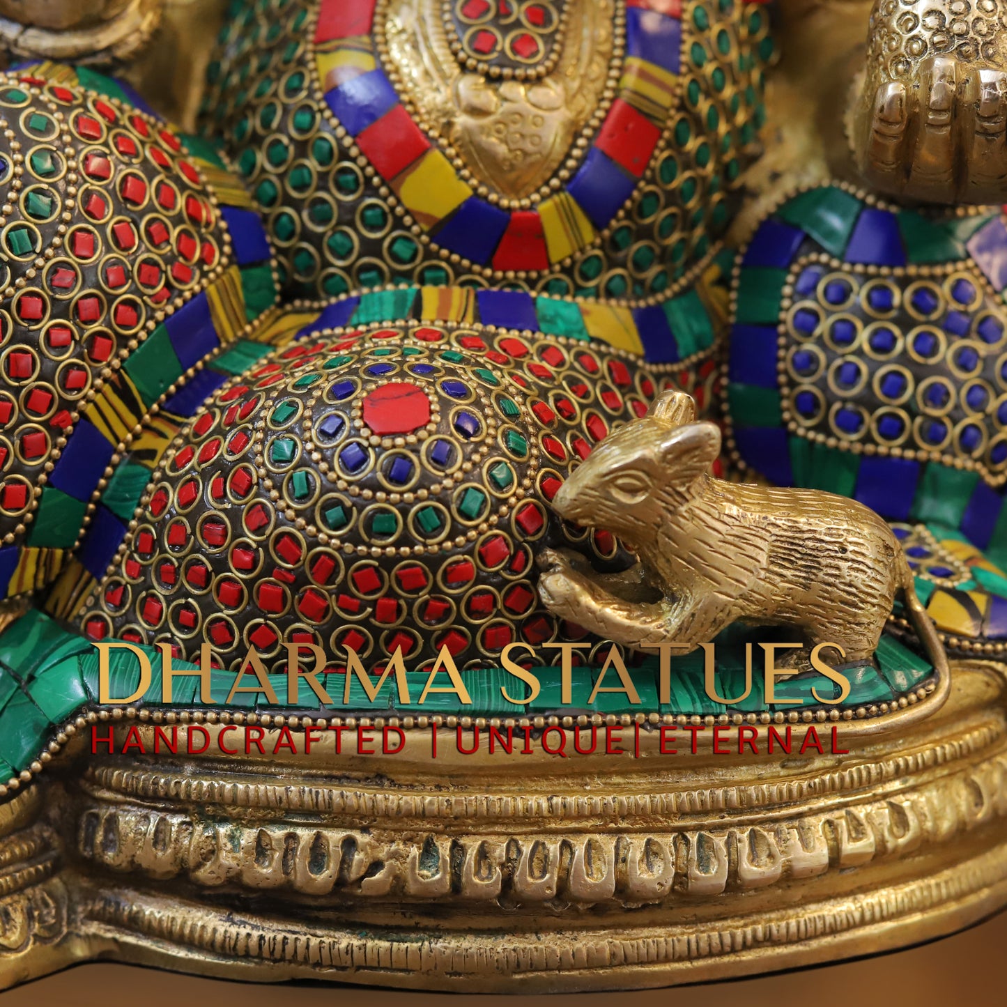 Brass Ganesh seated on Base, Blessing Position, Golden & Stonework, 12"