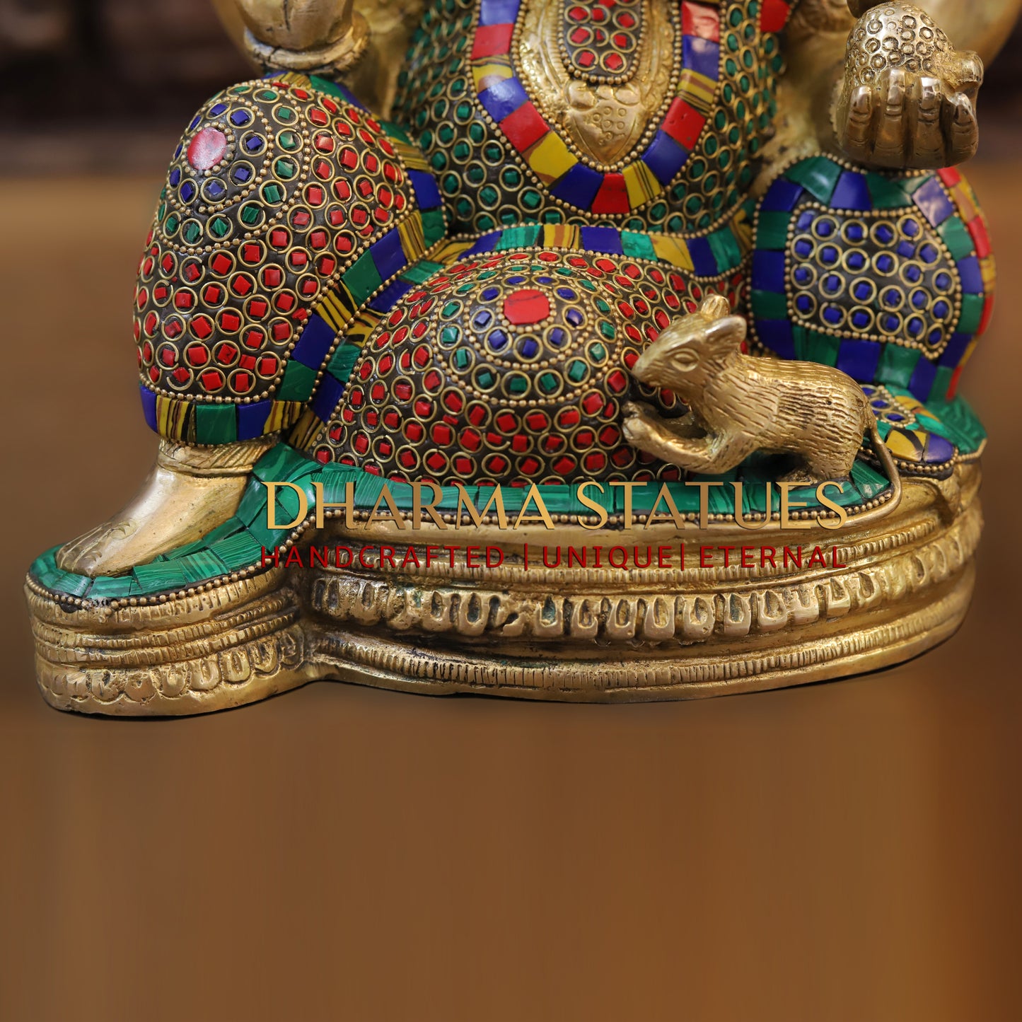 Brass Ganesh seated on Base, Blessing Position, Golden & Stonework, 12"