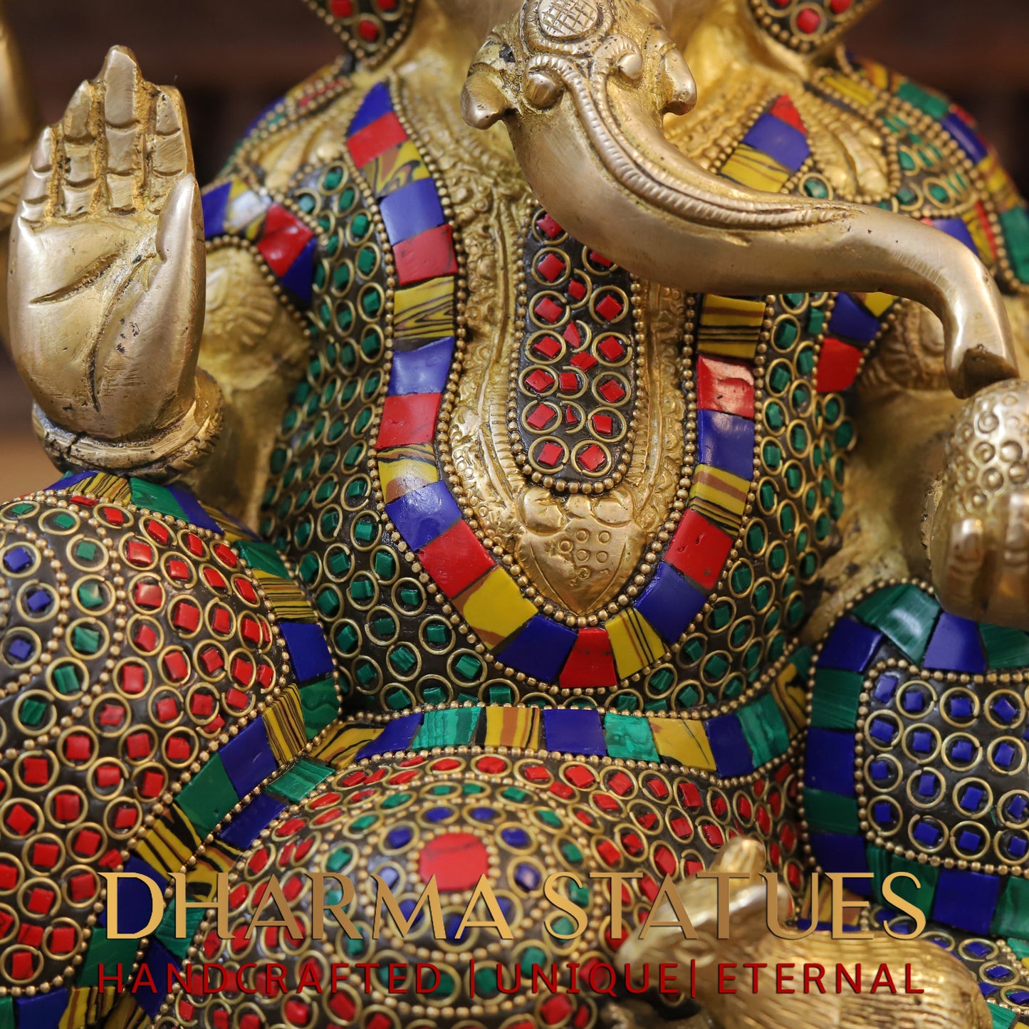 Brass Ganesh seated on Base, Blessing Position, Golden & Stonework, 12"