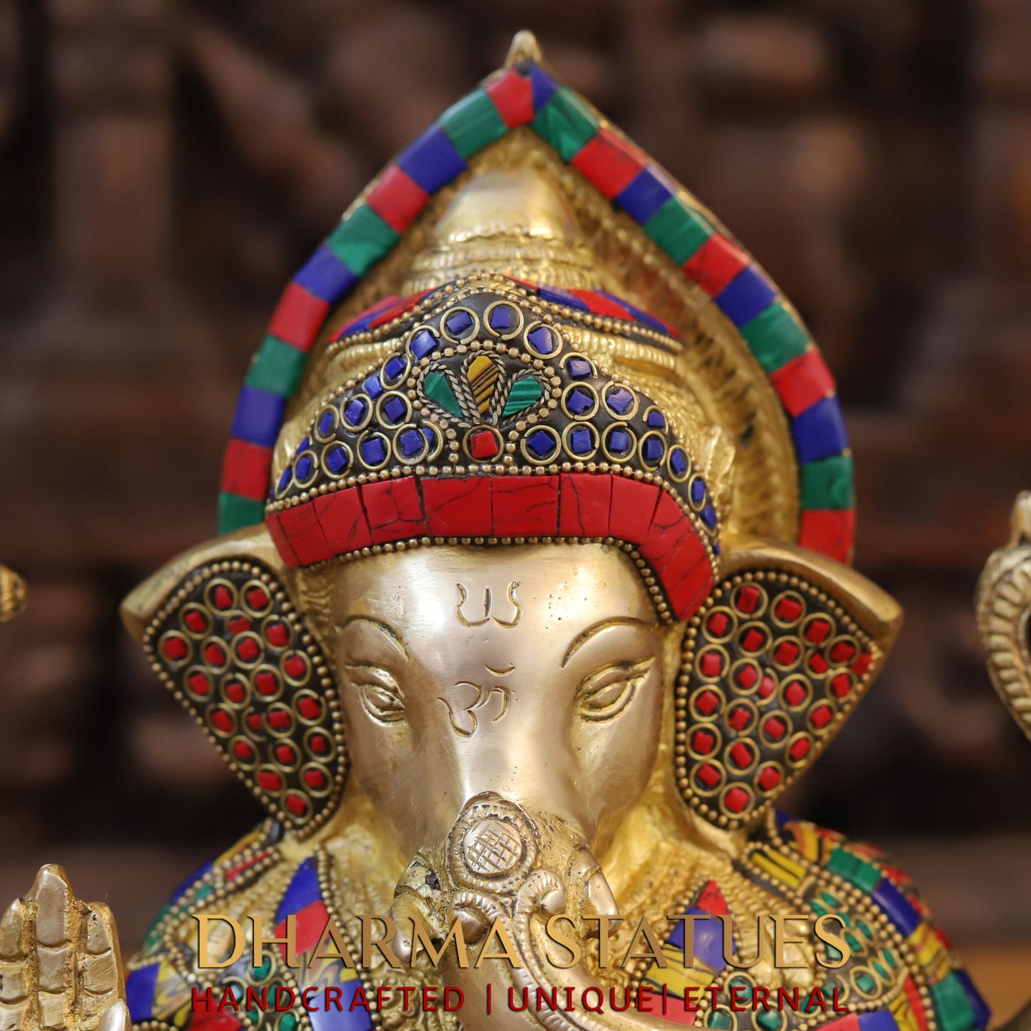 Brass Ganesh seated on Base, Blessing Position, Golden & Stonework, 12"