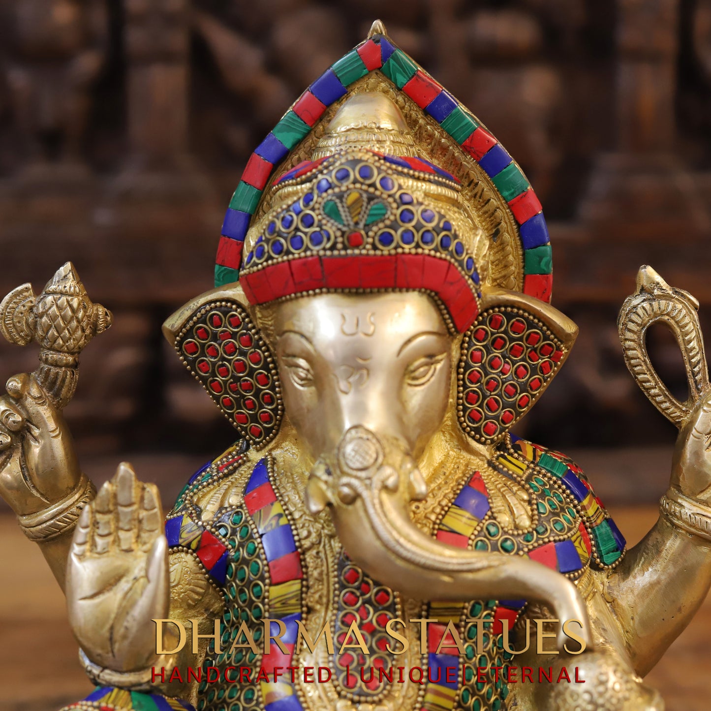 Brass Ganesh seated on Base, Blessing Position, Golden & Stonework, 12"