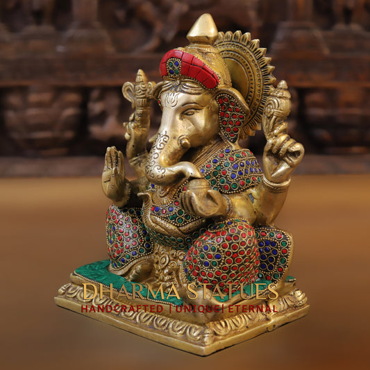 Brass Ganesh seated on Base, Blessing Position, Golden & Stonework, 9"