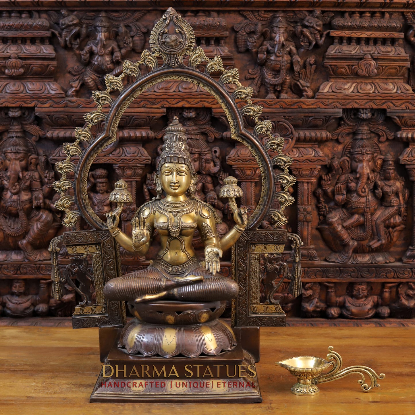 Brass Lakshmi Idol, Seated on a Lotus, Copper and Golden Finish 32.5"