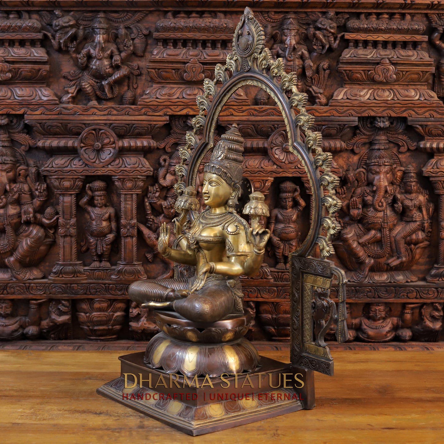 Brass Lakshmi Idol, Seated on a Lotus, Copper and Golden Finish 32.5" side view