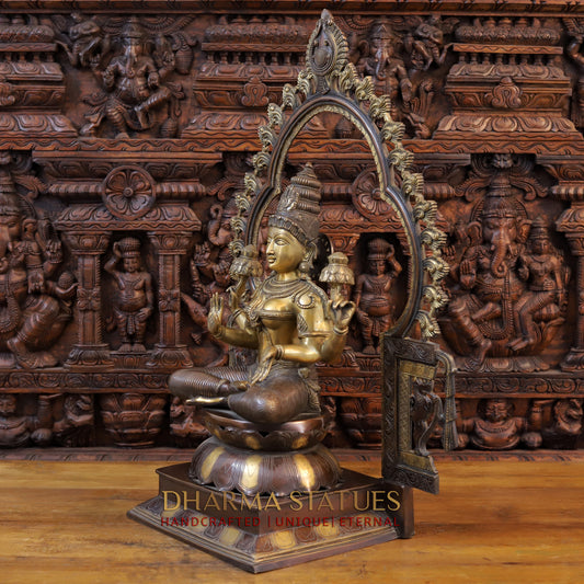 Brass Lakshmi Idol, Seated on a Lotus, Copper and Golden Finish 32.5" side view