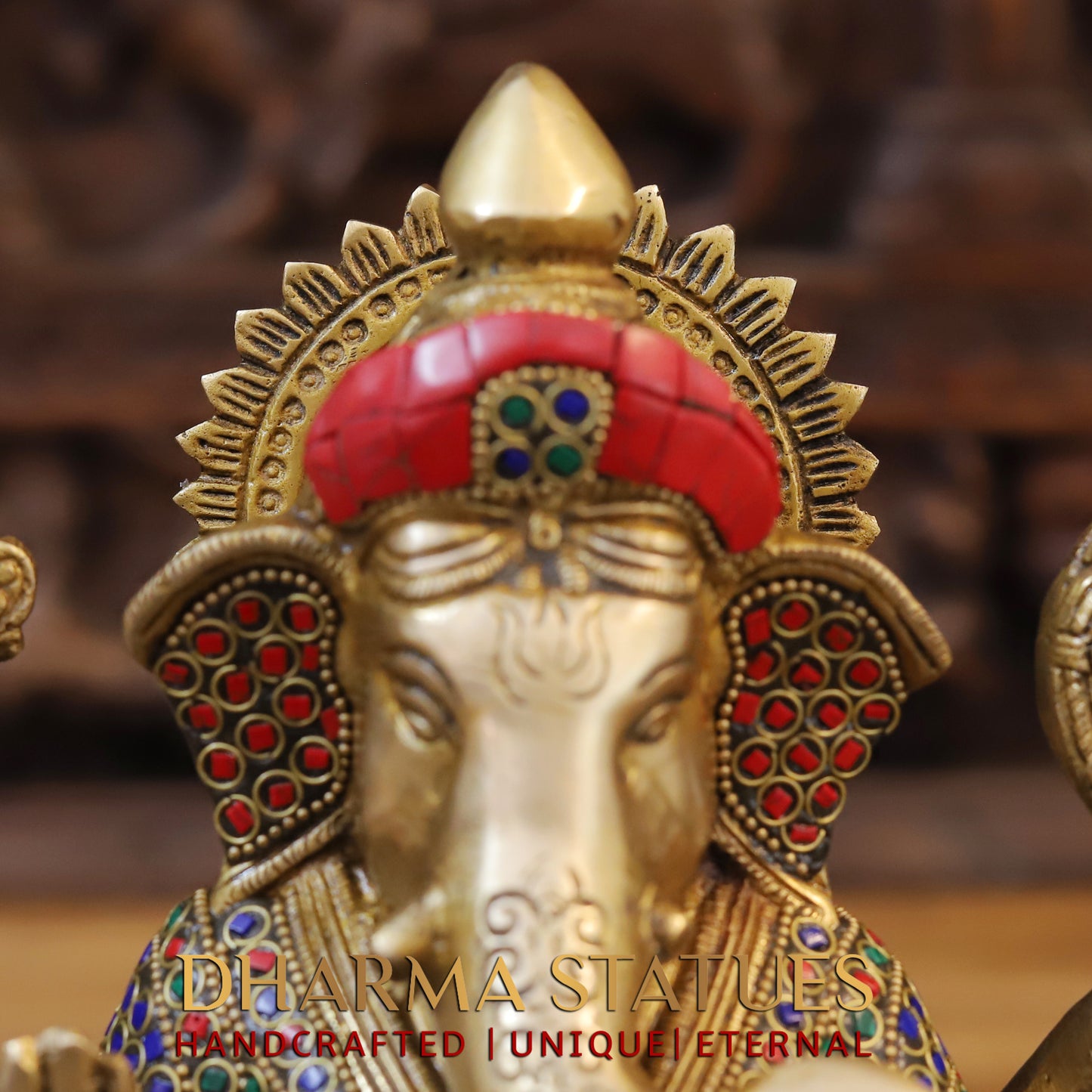 Brass Ganesh seated on Base, Blessing Position, Golden & Stonework, 9"