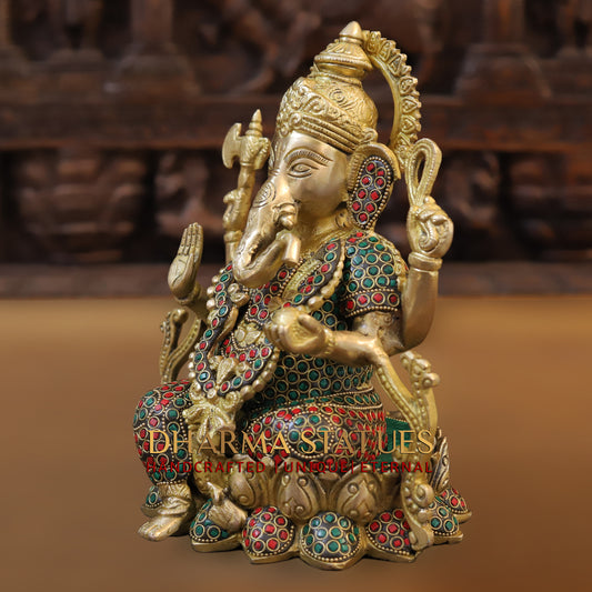 Brass Ganesh seated on Lotus, Blessing Position, Golden & Stonework, 9.5"