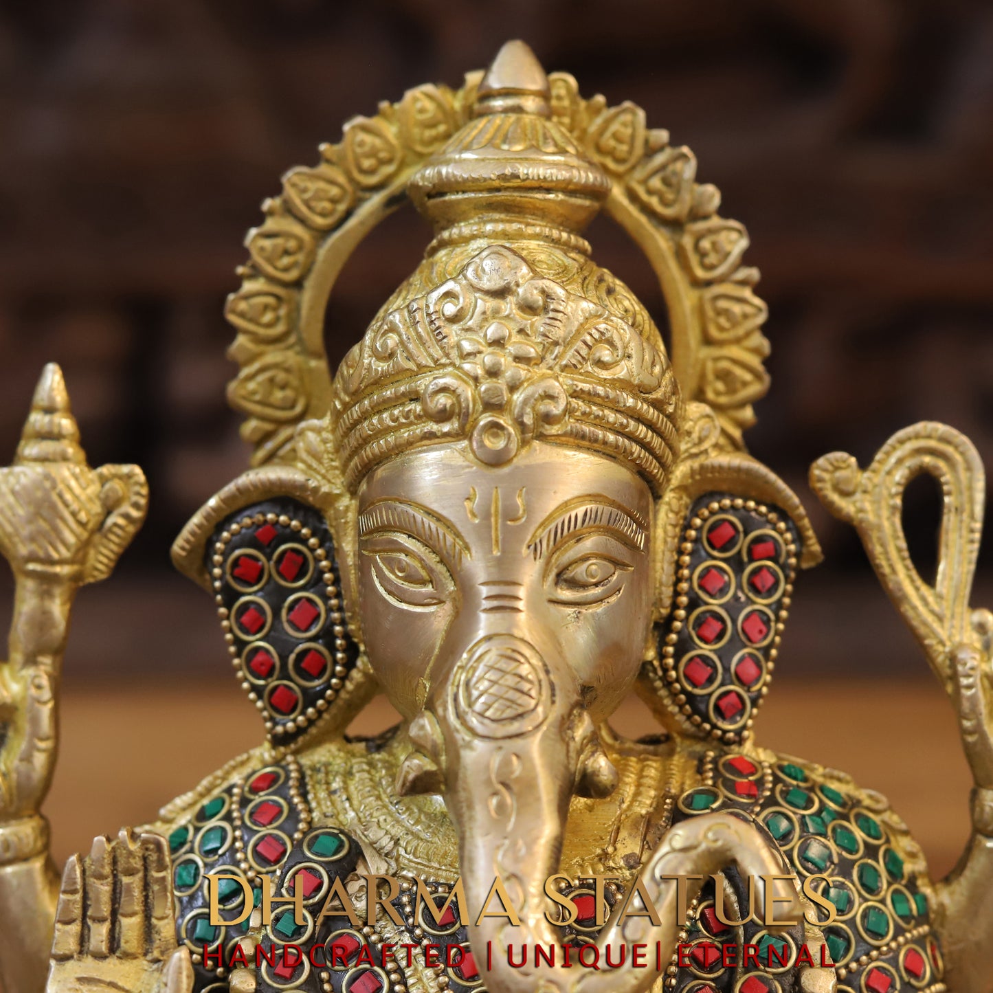 Brass Ganesh seated on Lotus, Blessing Position, Golden & Stonework, 9.5"