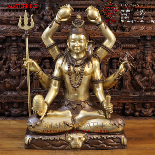 Brass Lord Shiva Statue, Mahamritunjya posture, Copper and Gold 31"