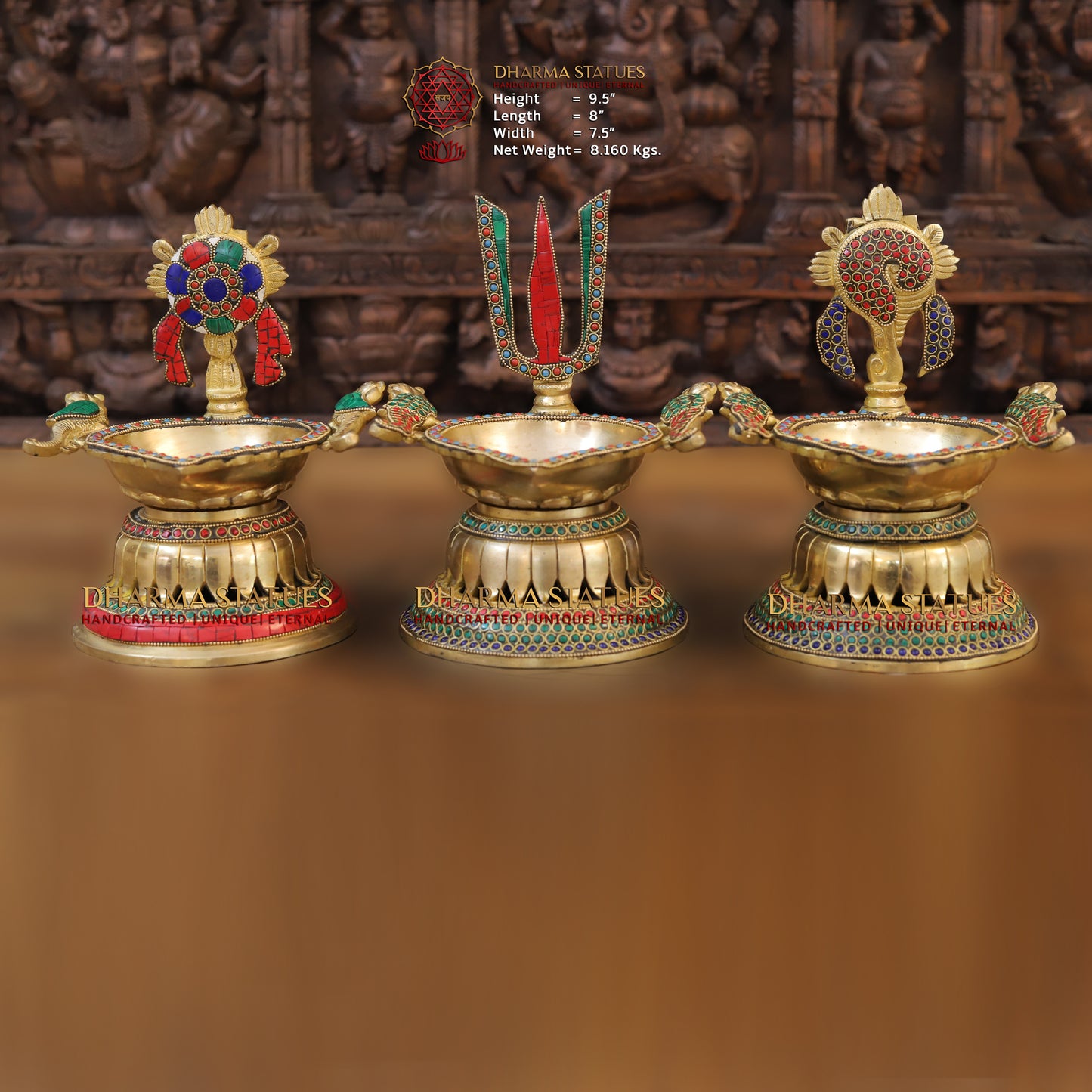 Brass shankh chakra Lamp, Golden & Stonework, 9.5"