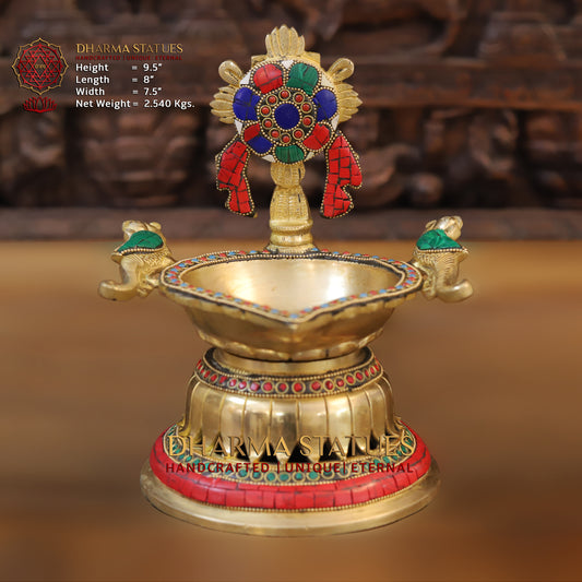 Brass Shankhya Chakra Vishnu Lamps Oil Lamps, Golden & Stonework, 9.5"