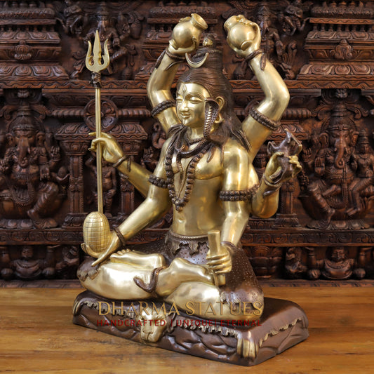 Brass Lord Shiva Statue, Mahamritunjya posture, Copper and Gold 31"