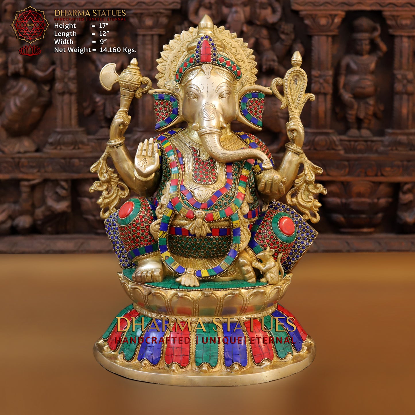 Brass Ganesh seated on Base, Blessing posture, Golden & Stonework, 17"