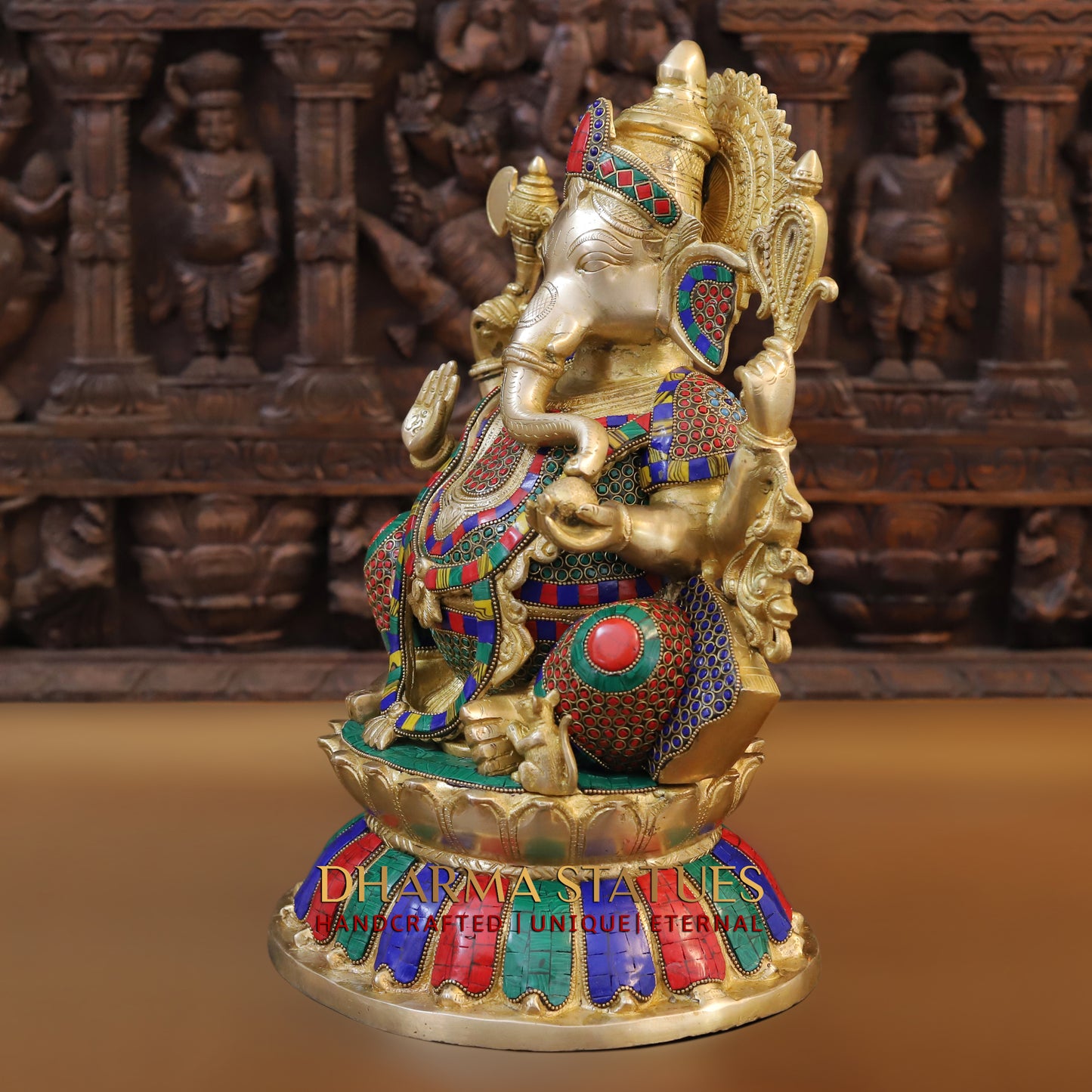 Brass Ganesh seated on Base, Blessing posture, Golden & Stonework, 17"