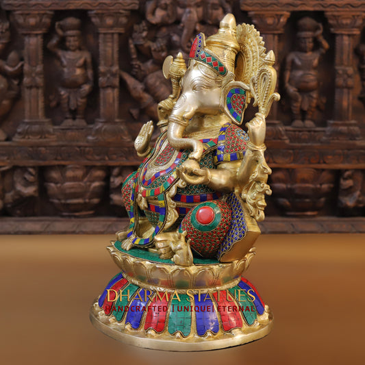 Brass Ganesh seated on Base, Blessing posture, Golden & Stonework, 17"