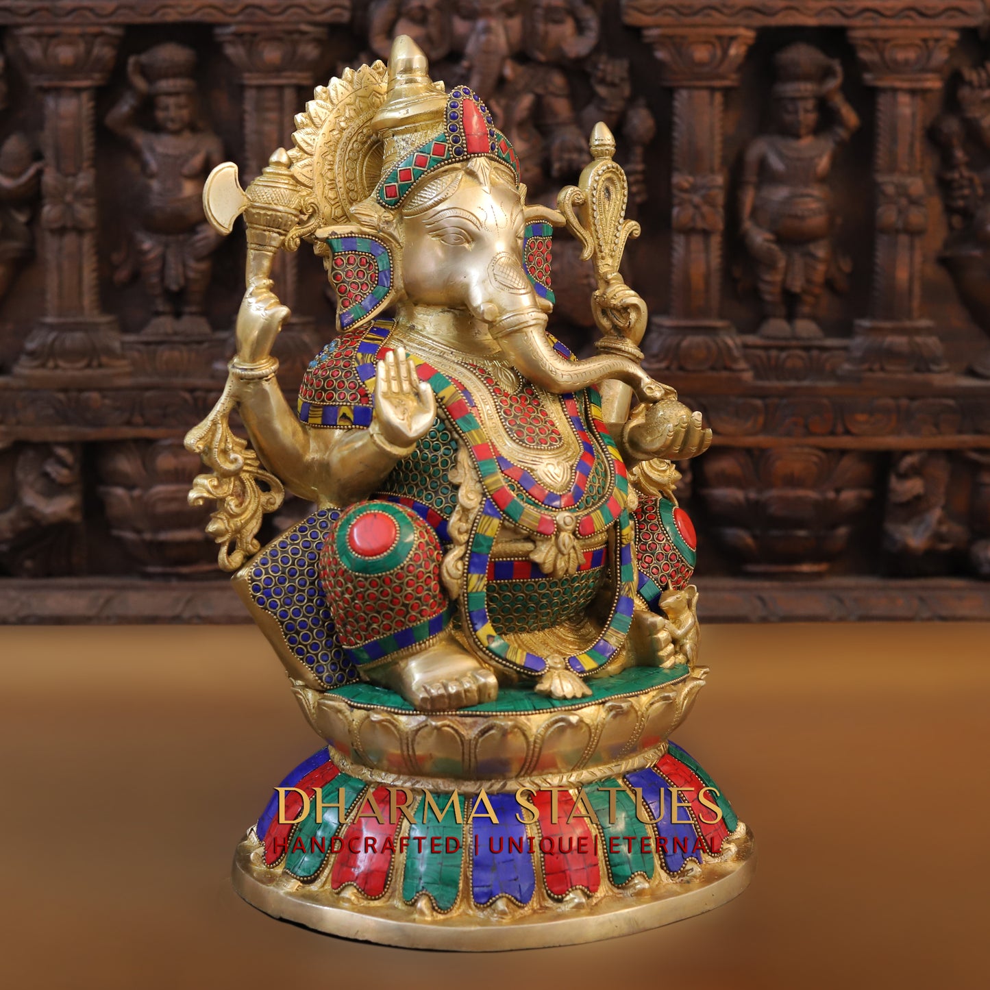 Brass Ganesh seated on Base, Blessing posture, Golden & Stonework, 17"