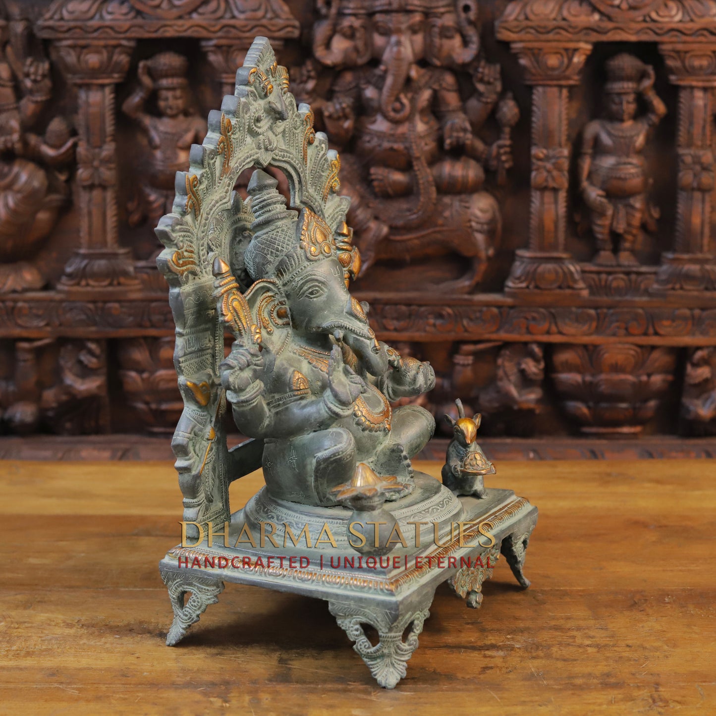 Brass Ganesh Idol, Seated on a Chowki, Green Patina Finish 17.5"