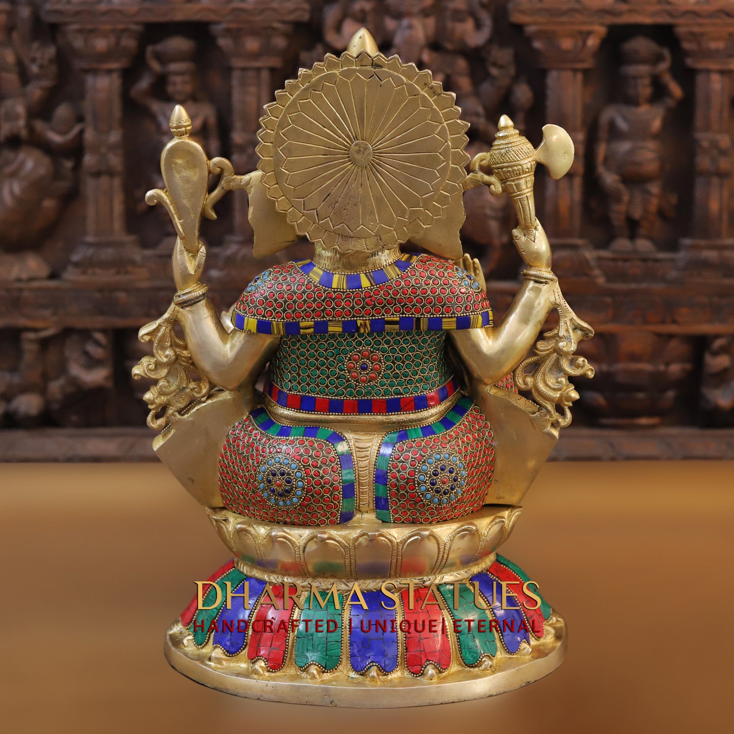 Brass Ganesh seated on Base, Blessing posture, Golden & Stonework, 17"