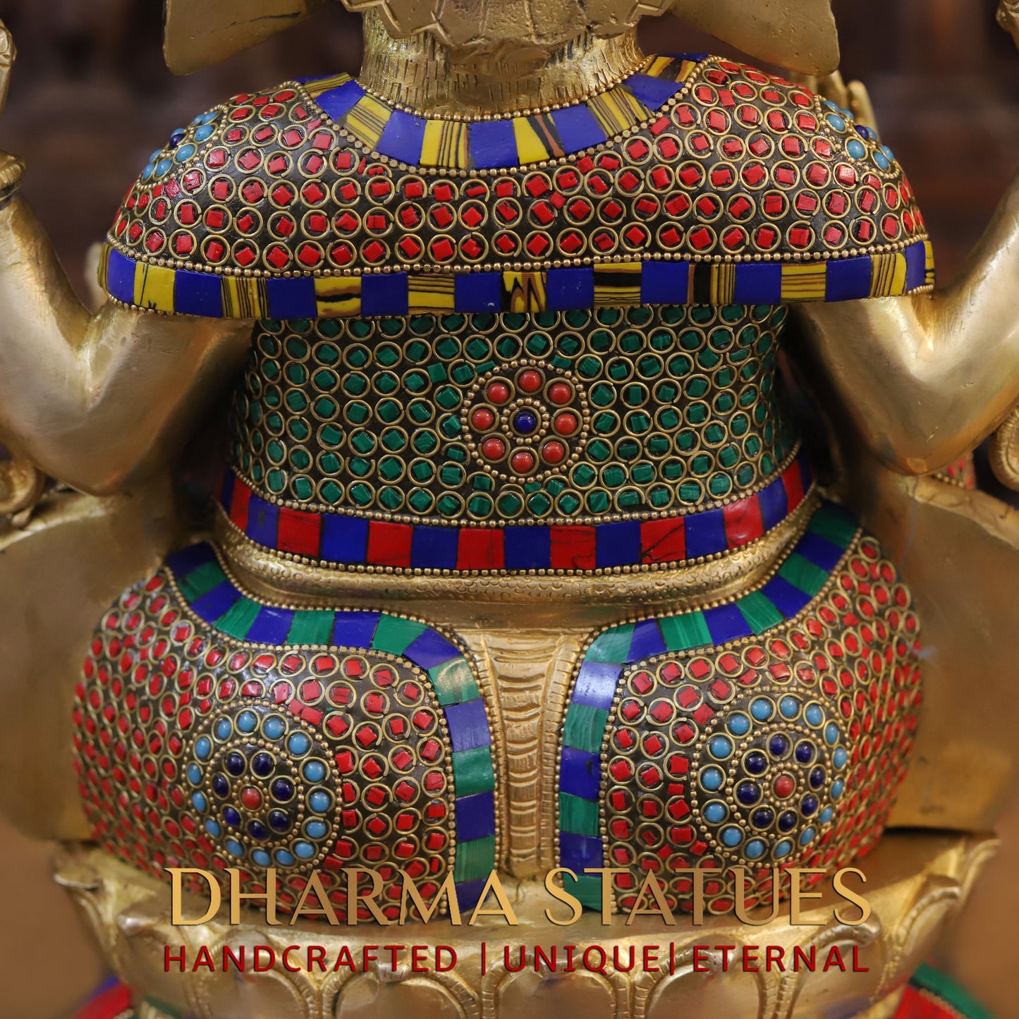 Brass Ganesh seated on Base, Blessing posture, Golden & Stonework, 17"