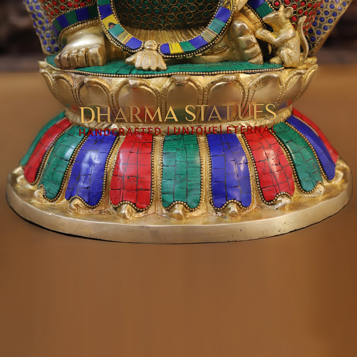 Brass Ganesh seated on Base, Blessing posture, Golden & Stonework, 17"