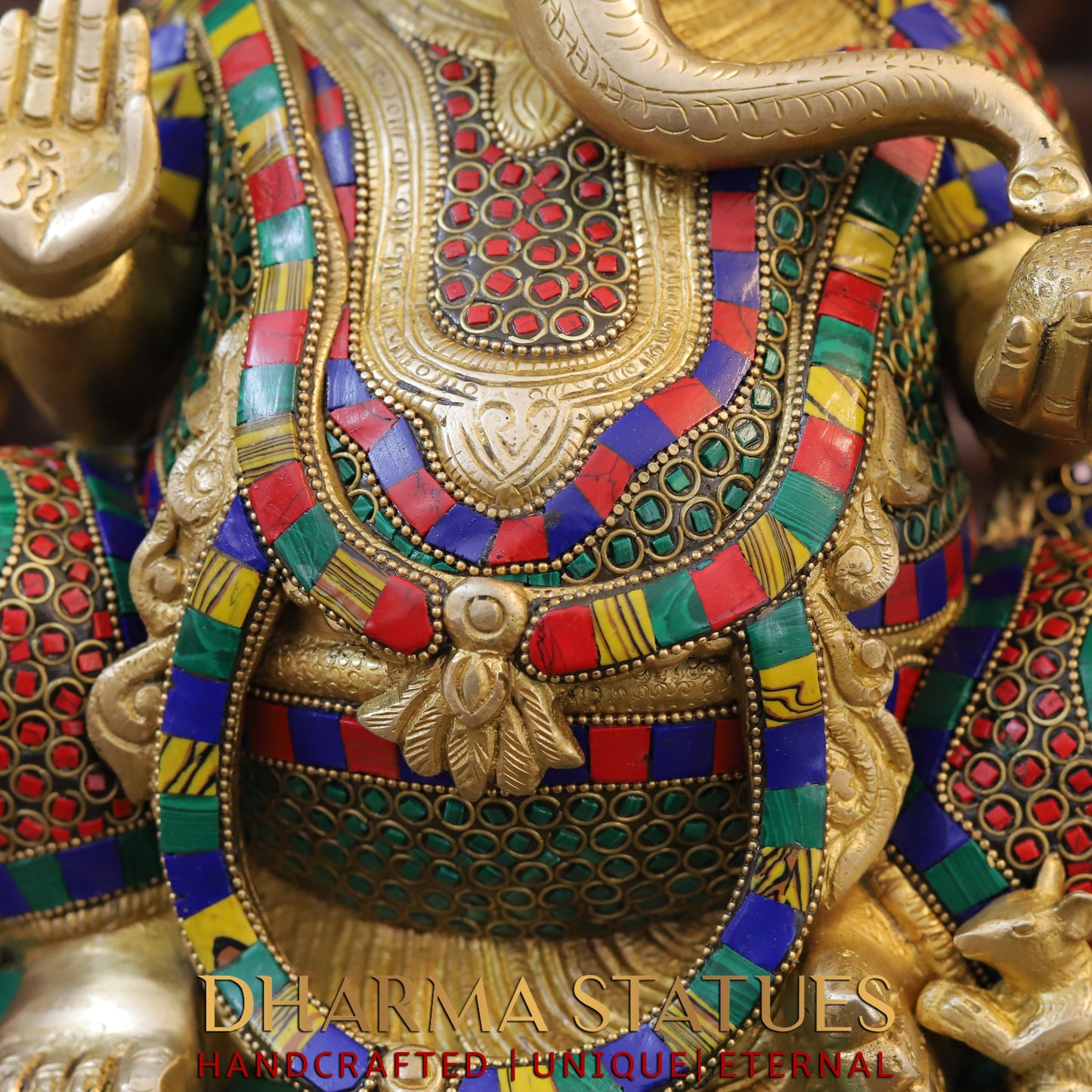 Brass Ganesh seated on Base, Blessing posture, Golden & Stonework, 17"