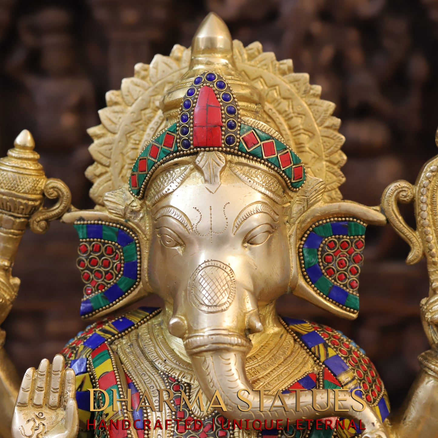 Brass Ganesh seated on Base, Blessing posture, Golden & Stonework, 17"