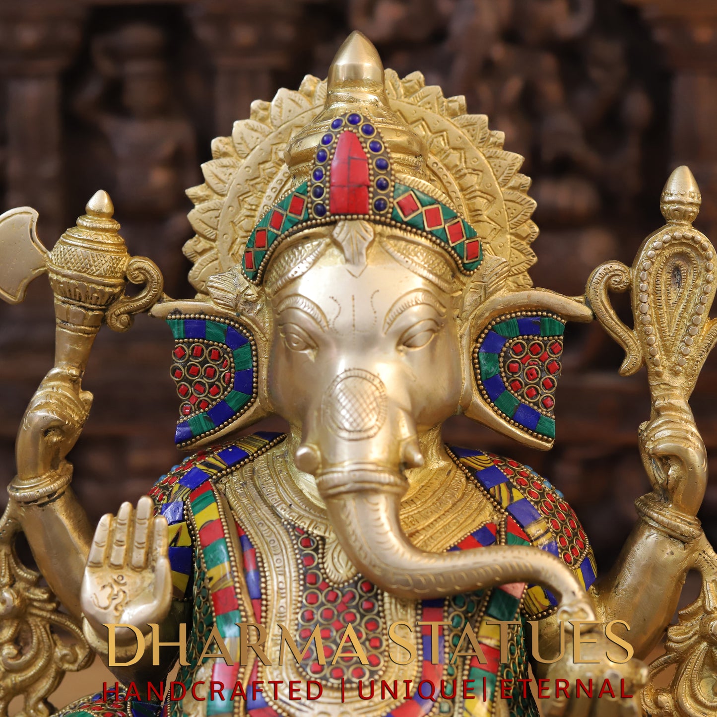 Brass Ganesh seated on Base, Blessing posture, Golden & Stonework, 17"