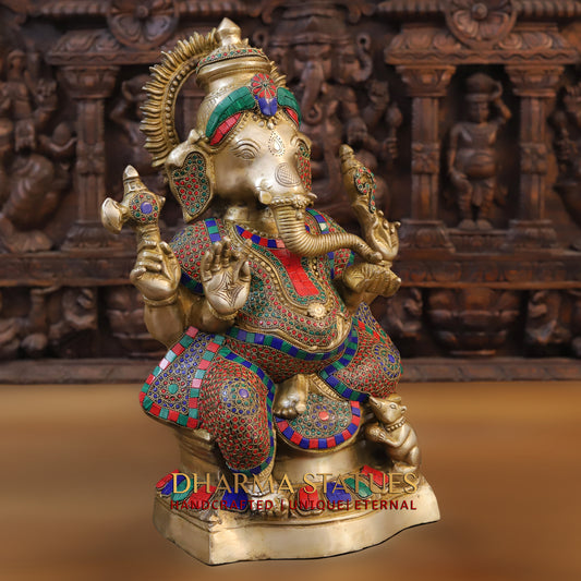 Brass Ganesh seated on Base, Blessing posture, Golden & Stonework, 19"