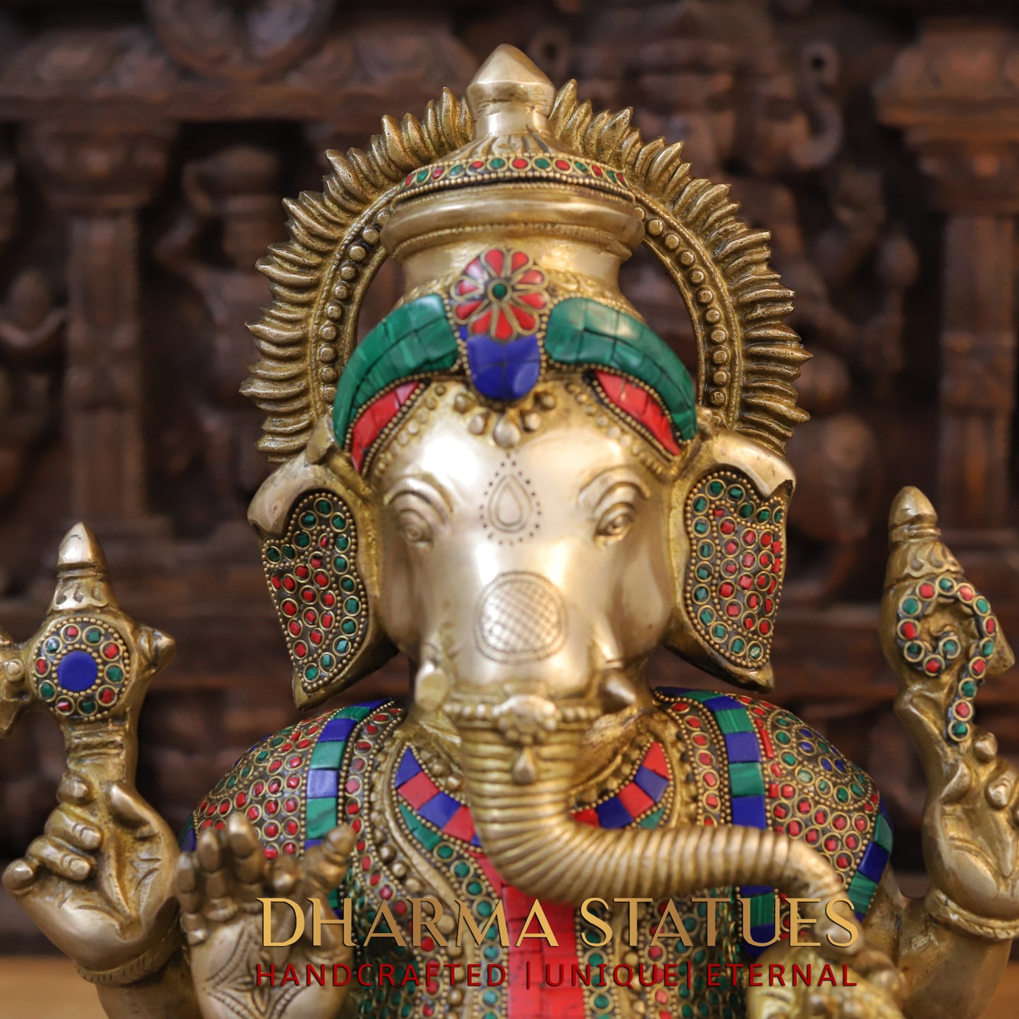 Brass Ganesh seated on Base, Blessing posture, Golden & Stonework, 19"