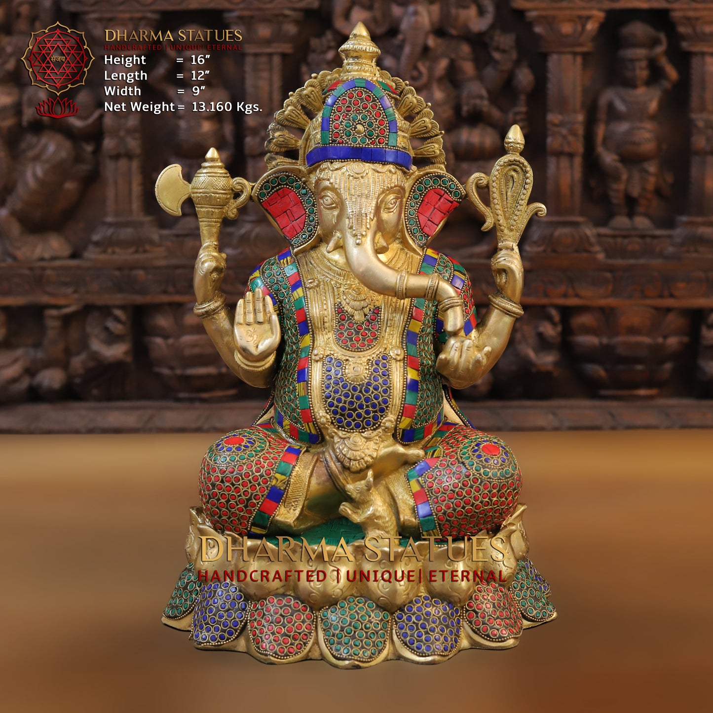 Brass Ganesh seated on Lotus, Blessing Posture, Golden & Stonework, 16"