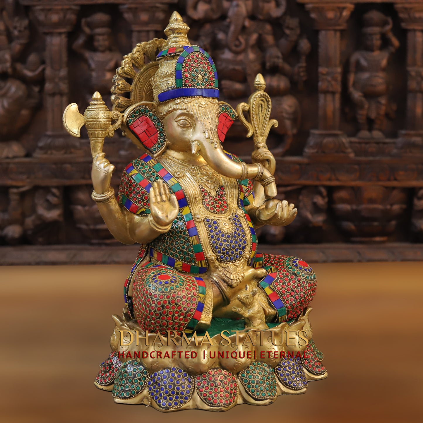 Brass Ganesh seated on Lotus, Blessing Posture, Golden & Stonework, 16"