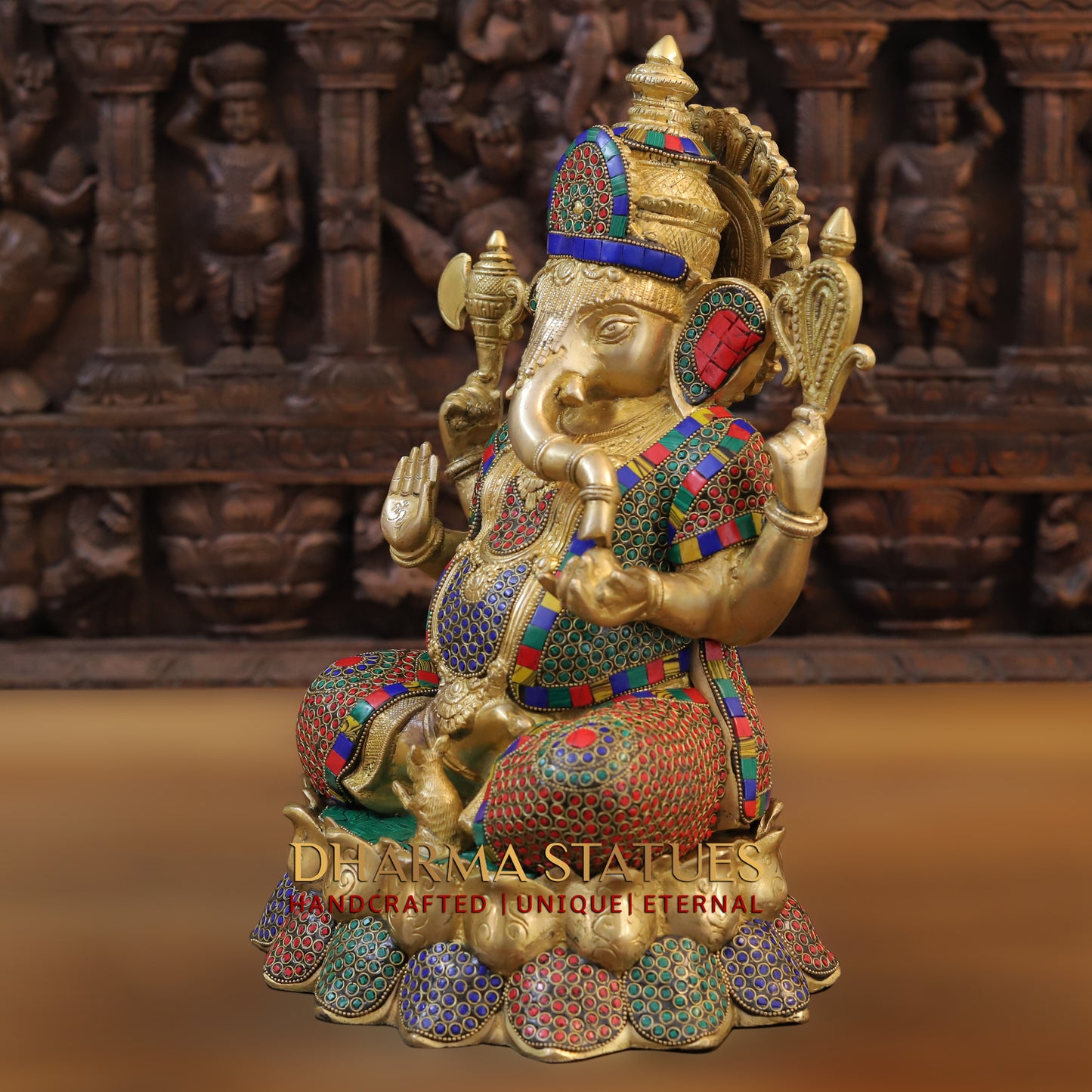 Brass Ganesh seated on Lotus, Blessing Posture, Golden & Stonework, 16"