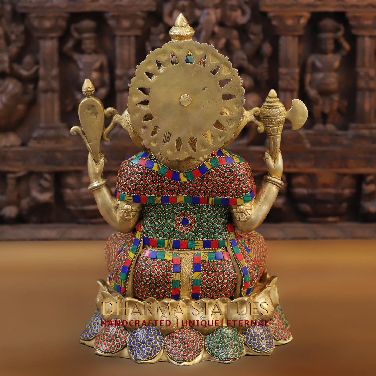 Brass Ganesh seated on Lotus, Blessing Posture, Golden & Stonework, 16"