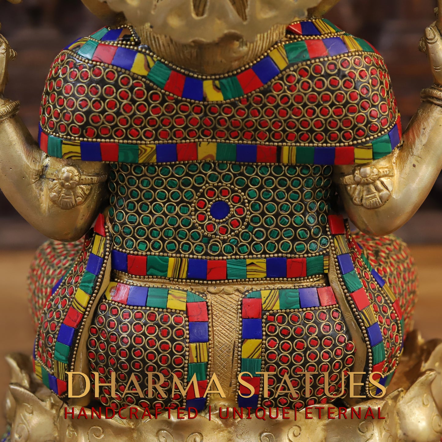 Brass Ganesh seated on Lotus, Blessing Posture, Golden & Stonework, 16"