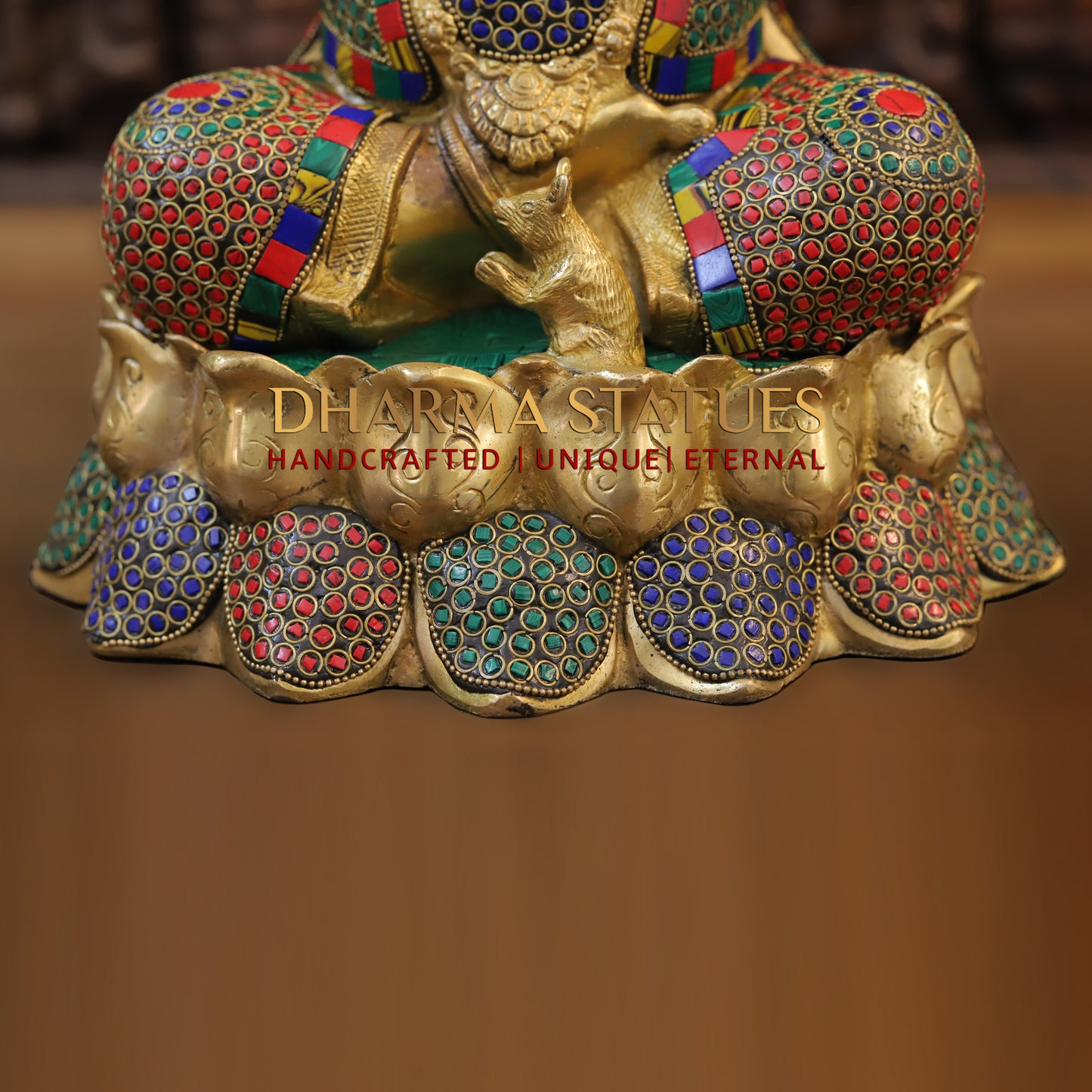 Brass Ganesh seated on Lotus, Blessing Posture, Golden & Stonework, 16"