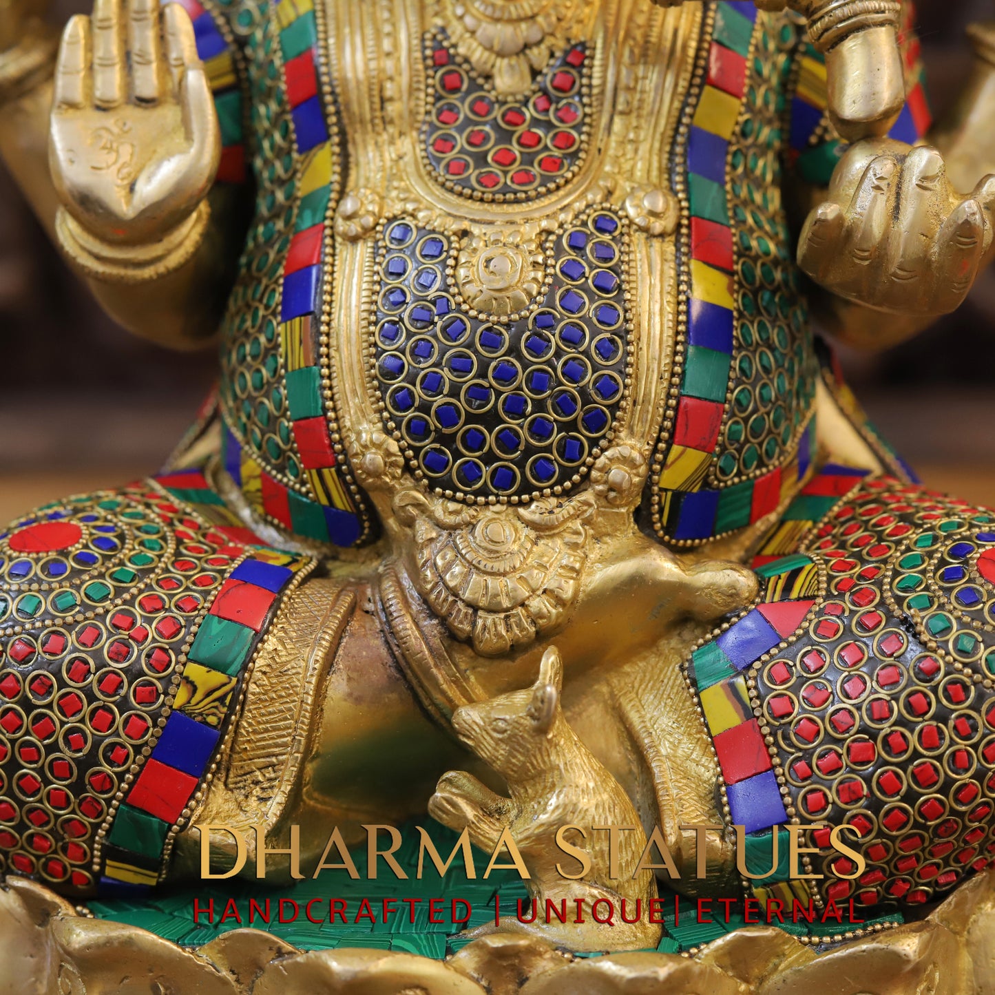 Brass Ganesh seated on Lotus, Blessing Posture, Golden & Stonework, 16"