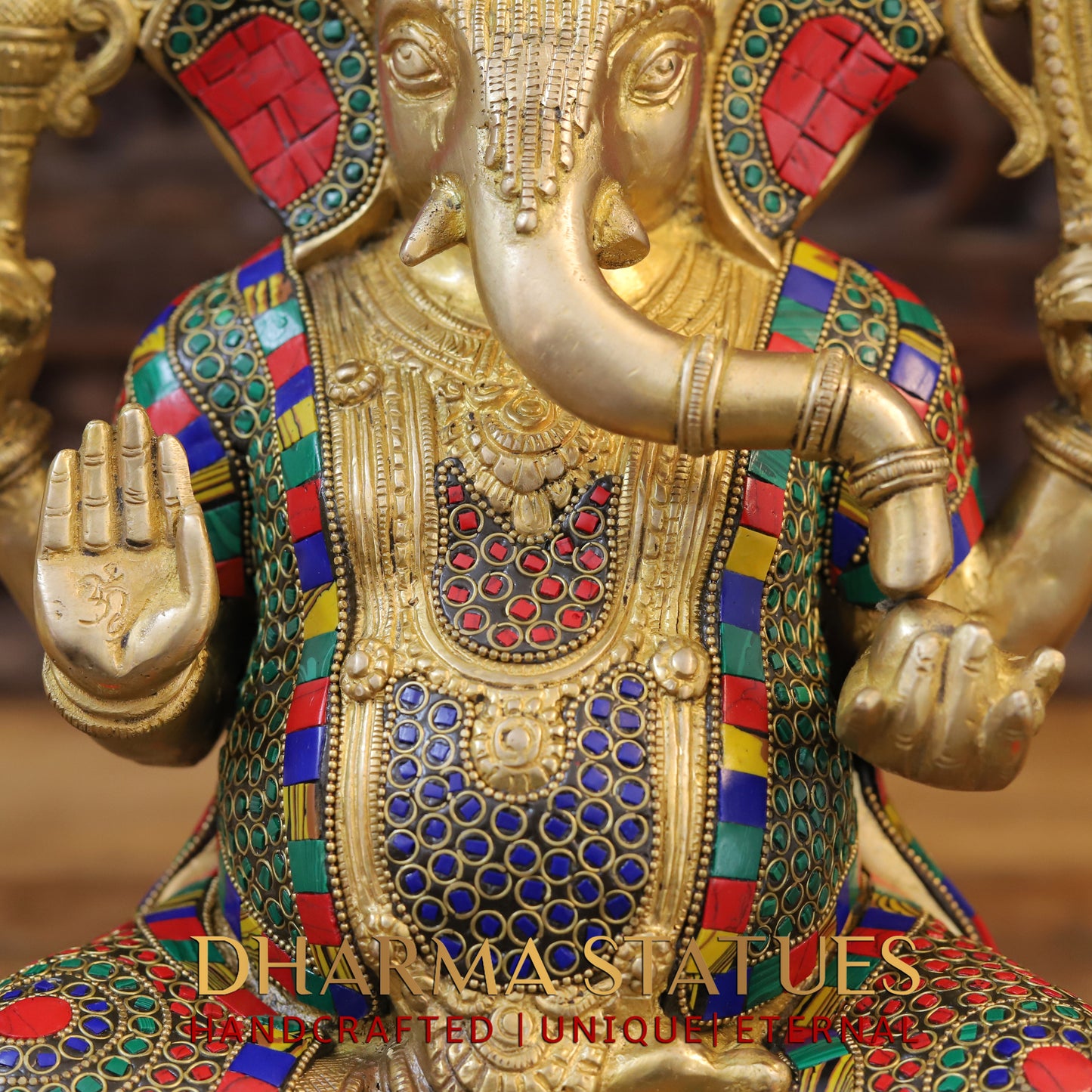 Brass Ganesh seated on Lotus, Blessing Posture, Golden & Stonework, 16"