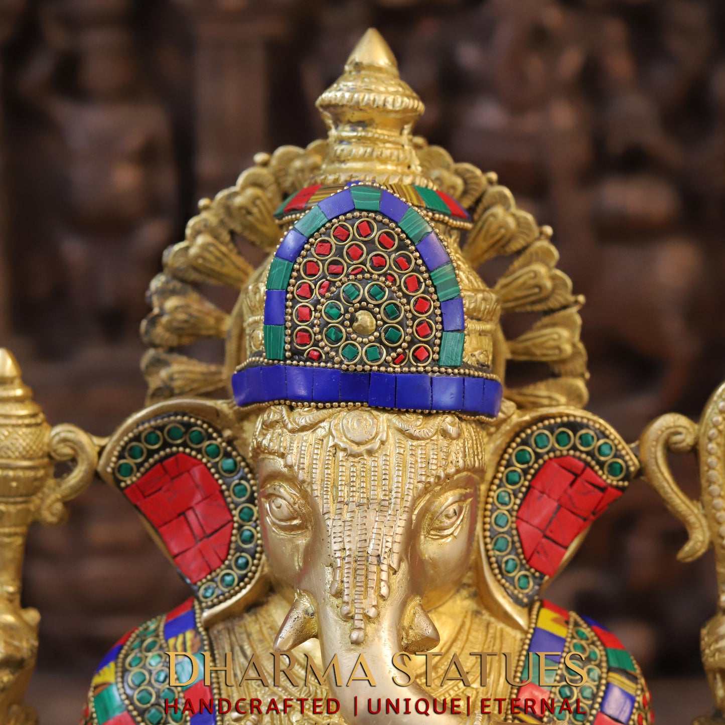 Brass Ganesh seated on Lotus, Blessing Posture, Golden & Stonework, 16"