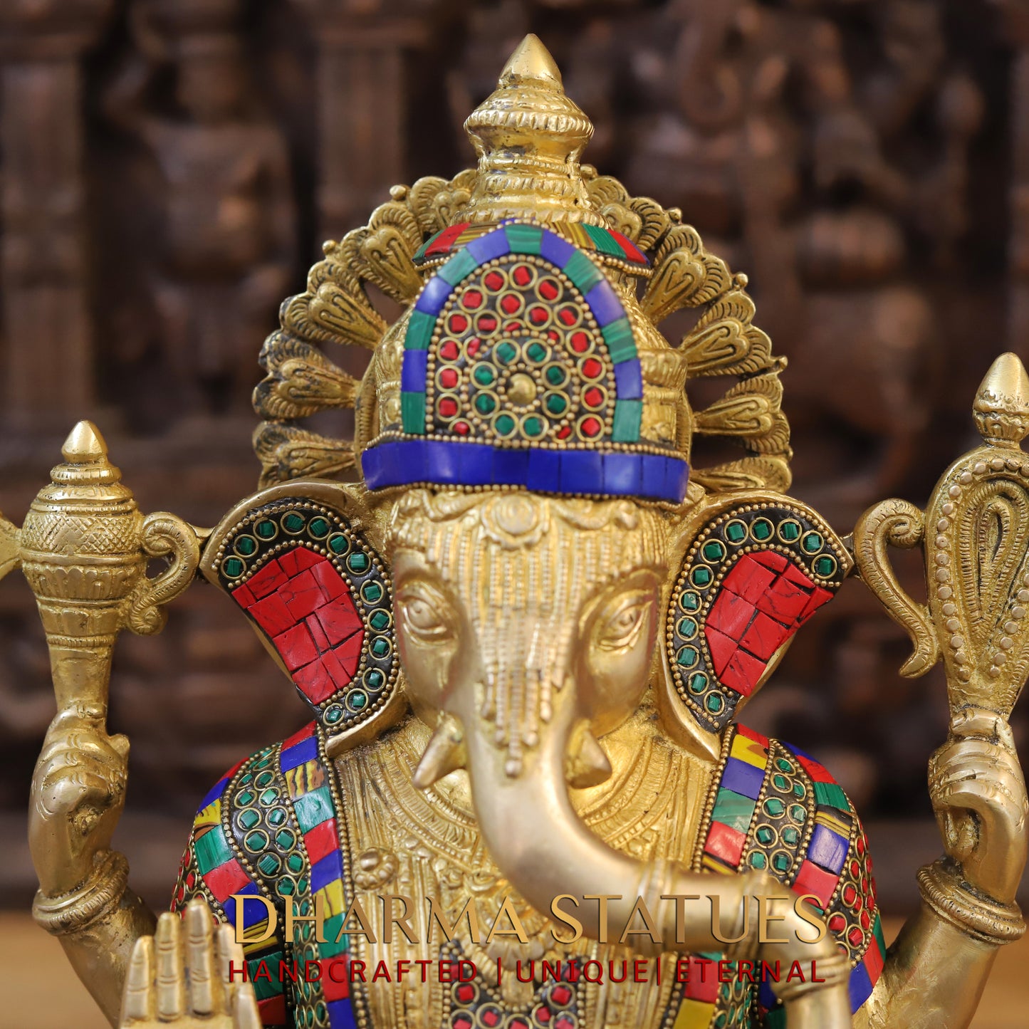 Brass Ganesh seated on Lotus, Blessing Posture, Golden & Stonework, 16"